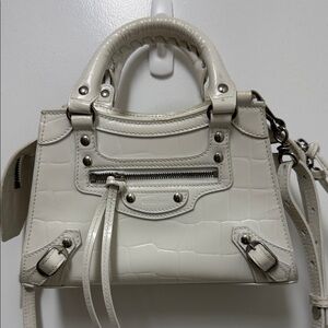 Balenciaga Cream Croc-Embossed Mini Crossbody Satchel